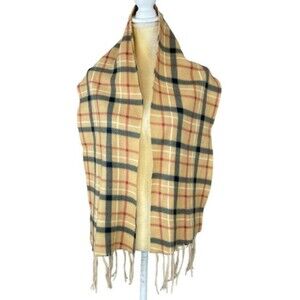 Plaid Cashmere Beige Fringe Scarf 58” x 10” Inches